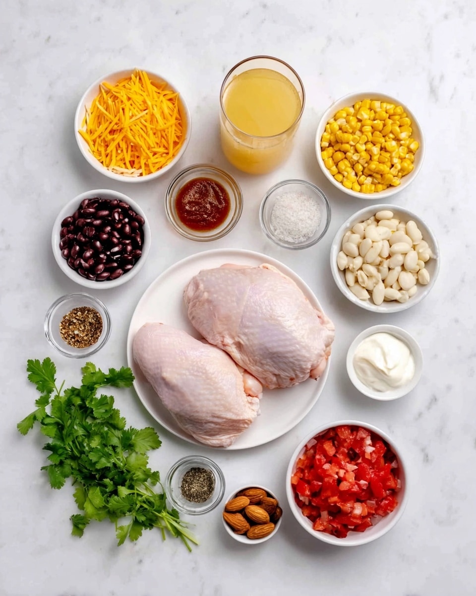 The image shows ingredients for a meal laid out on a white marbled surface. In the center, two raw, pale pink chicken pieces are on a white plate. Surrounding the chicken, there are small white bowls with different items: orange shredded cheese, white chopped onions, black beans, yellow corn, whole almonds, and a dark brown spicy sauce. Also near the chicken, there are a small glass of light orange juice, a bowl of red diced tomatoes, a white bowl with a dollop of sour cream, and some spices in small white bowls, including black pepper, salt, and a red spice. Fresh green leafy herbs are placed at the bottom left corner. Photo taken with an iphone --ar 4:5 --v 7