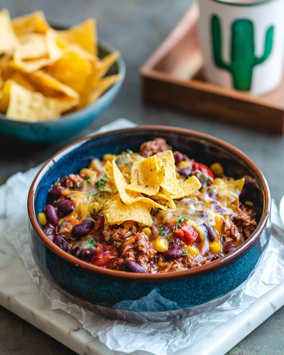 A blue ceramic bowl with a brown inside holds a layered dish of chunky dark red beans, bright yellow corn, and shredded light brown meat mixed with red tomato pieces, all covered in melted yellow cheese. On top, there are a few curled, yellow tortilla chips and some green herbs sprinkled over the dish. The bowl sits on a piece of crumpled paper over a white marbled surface. In the blurry background, there is a smaller bowl filled with yellow tortilla chips and a white cup with a green cactus design on a wooden tray. Photo taken with an iphone --ar 4:5 --v 7