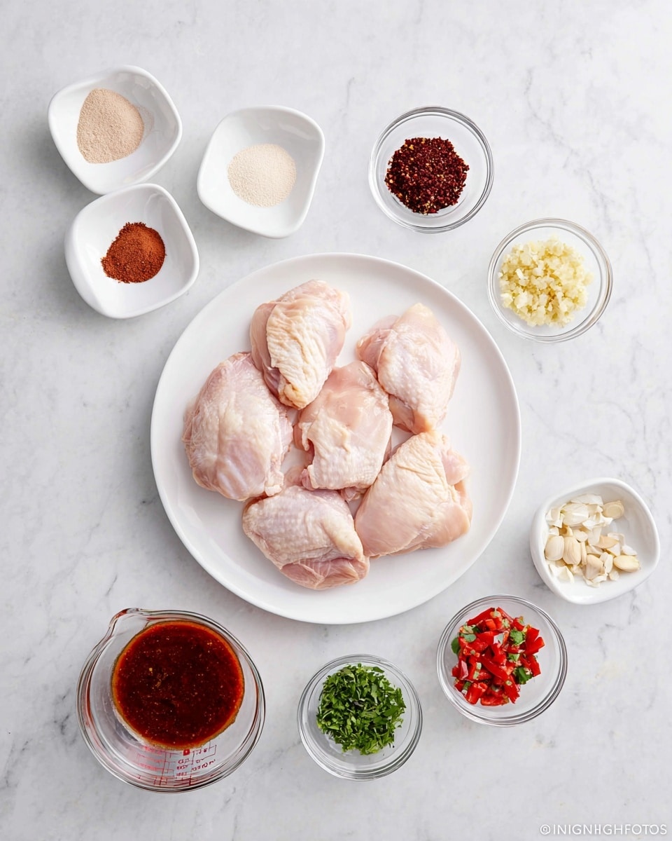 The image shows 4 raw, pale pink chicken pieces placed in the center of a white plate, which sits on a white marbled surface. Surrounding the plate are several small white dishes and clear bowls arranged in a loose circle: on the left are three white square dishes with light brown, dark brown, and off-white powders; above the plate are two small white square dishes holding a dark red powder and chopped pale yellow garlic; on the right side there are two clear glass bowls, one with dark red dried chili peppers and the other with bright green chopped herbs; below the plate are three white square dishes and a clear glass measuring cup, containing a dark red sauce, light green dried herbs, and bright red diced tomatoes. The arrangement is neat and organized with good lighting. Photo taken with an iphone --ar 4:5 --v 7
