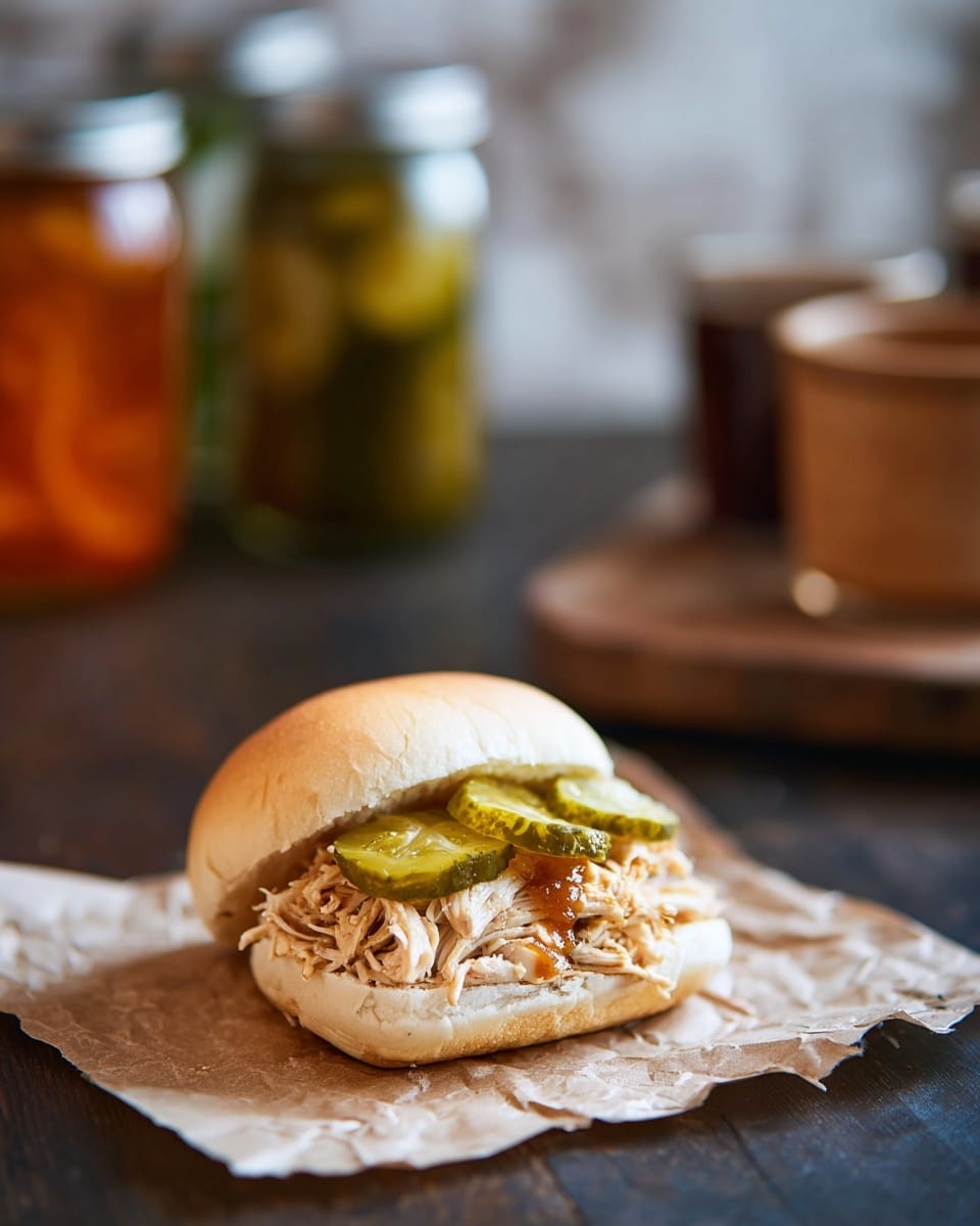 A small sandwich with two layers is shown on a piece of crumpled brown paper. The bottom layer is soft, shredded light brown chicken with some sauce. On top of the chicken, there are three slices of shiny, green pickles with a bumpy texture. The sandwich is inside a soft, white bun with a smooth top. The whole scene sits on a dark wooden table with a blurred background, showing glass jars with orange and green contents. The surface has a white marbled texture in the background. photo taken with an iphone --ar 4:5 --v 7