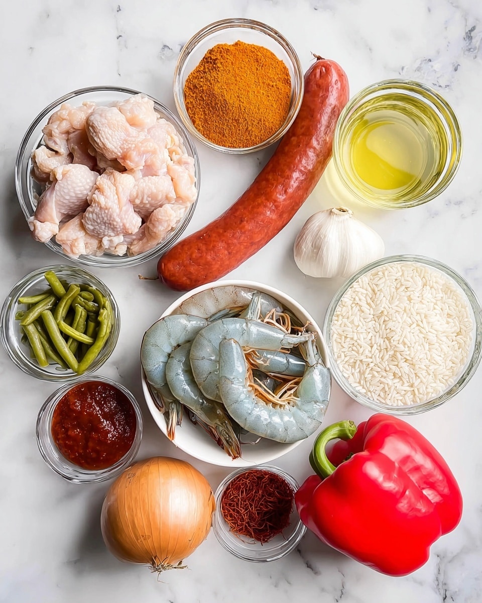 A top view of raw cooking ingredients arranged on a white marbled surface, featuring a clear glass bowl with light pink raw chicken pieces on the top left, a long red sausage below it, and two small garlic cloves between them. In the center, a white bowl holds several large raw shrimp with pale gray shells and blue and orange legs. Surrounding the bowl, from left to right and bottom to top: a small clear bowl with bright green frozen string beans, a white bowl filled with white round uncooked rice grains, a whole golden brown onion, two clear glasses with a light yellow liquid, a shiny red bell pepper on the bottom left, and three small clear bowls holding dark red tomato paste, rusty orange spice powder, and thin dark red saffron strands in the front. The composition is bright and clear, with natural light. photo taken with an iphone --ar 4:5 --v 7