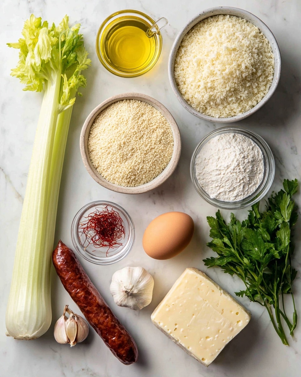 The image shows a collection of cooking ingredients laid out on a white marbled surface. There is one long celery stalk on the far left, with a small glass cup filled with light yellow oil next to a round onion with brown skin above it. Below the oil is a bowl filled with breadcrumbs, next to a bowl of white rice grains. Below these bowls are a clear small bowl with thin red saffron strands, and a single brown egg. Nearby is a small bowl of white flour. In the middle lies a long dark reddish-brown sausage, with a clove of garlic below it. A large piece of soft white cheese with an uneven surface sits below the sausage, and a wedge of slightly firm pale yellow cheese is on the bottom right. On the right edge, a bunch of fresh green leafy parsley is visible. Photo taken with an iphone --ar 4:5 --v 7