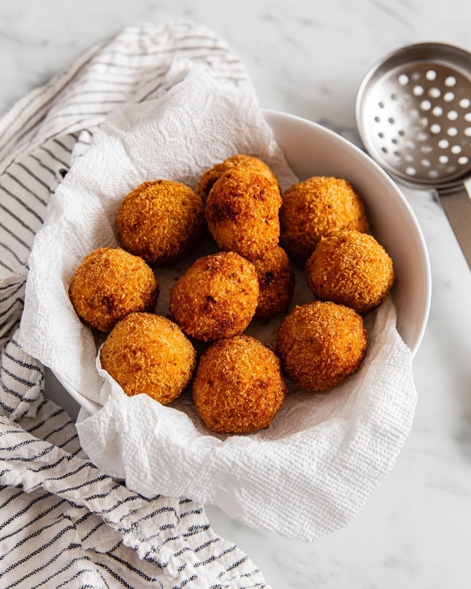 A white round bowl filled with two layers of 13 golden-brown, crispy fried balls, arranged closely together on top of crumpled white paper towels. The balls have a rough breadcrumb texture with some darker spots from frying. To the right side of the bowl, a metal slotted spoon with round holes rests on a white marbled surface. A white cloth with thin black stripes lies partially on the left side of the bowl. Photo taken with an iphone --ar 4:5 --v 7