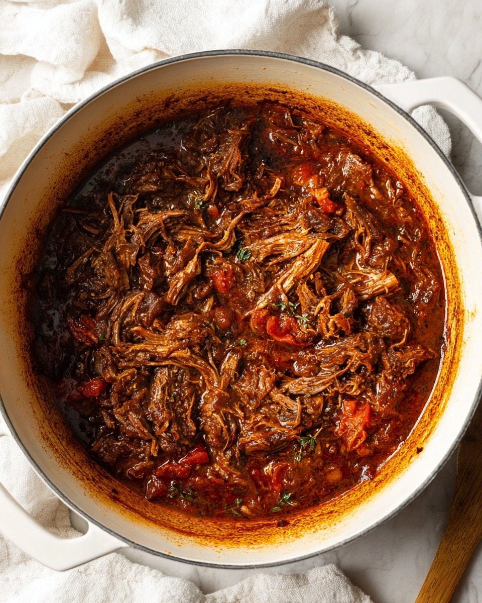 A top view of a large white round pot filled with dark brown shredded meat cooked in a thick, rich sauce with visible pieces of tomatoes and herbs mixed in, the sides of the pot show a caramelized brown layer from cooking, and a wooden spoon is partially visible on the right side, sitting on a white marbled surface with a crumpled white cloth underneath the pot, photo taken with an iphone --ar 4:5 --v 7