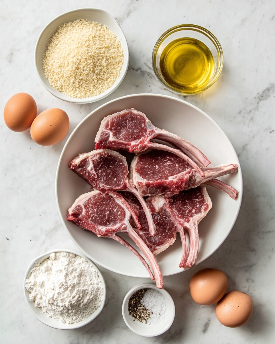 A white bowl in the center holds eight raw lamb chops with long bones, showing deep red meat and white fat around the edges. Around the bowl are six smaller dishes and two brown eggs. On the top left is a white bowl filled with light tan breadcrumbs. To the top right is a clear glass container with golden yellow oil. Below the oil is a small white bowl with white flour. To the bottom left are two brown eggs. Above them is a tiny white bowl with coarse salt and black pepper. All items are placed on a white marbled surface. photo taken with an iphone --ar 4:5 --v 7