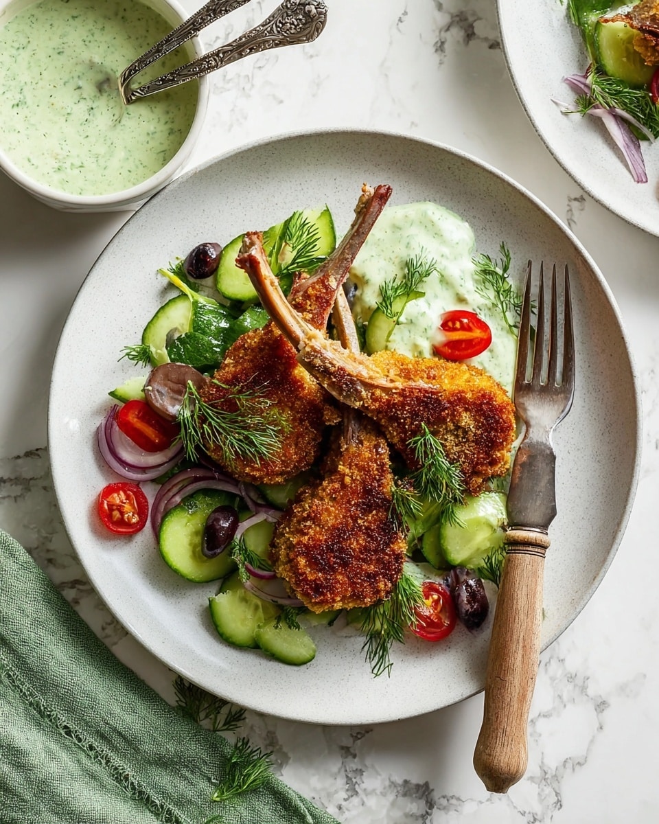 A white plate with two golden-brown crispy fried lamb chops resting on a fresh salad made of bright green cucumber slices, halved red cherry tomatoes, thin rings of purple onion, small black olives, and green dill sprigs scattered throughout. Behind the lamb chops, there is a dollop of light green creamy sauce with herb specks. The plate is set on a white marbled surface with a silver fork with a wooden handle placed on the right side and a green cloth napkin partially visible on the left. A small white bowl with the same light green sauce and a detailed silver spoon is placed in the top left corner. Photo taken with an iphone --ar 4:5 --v 7