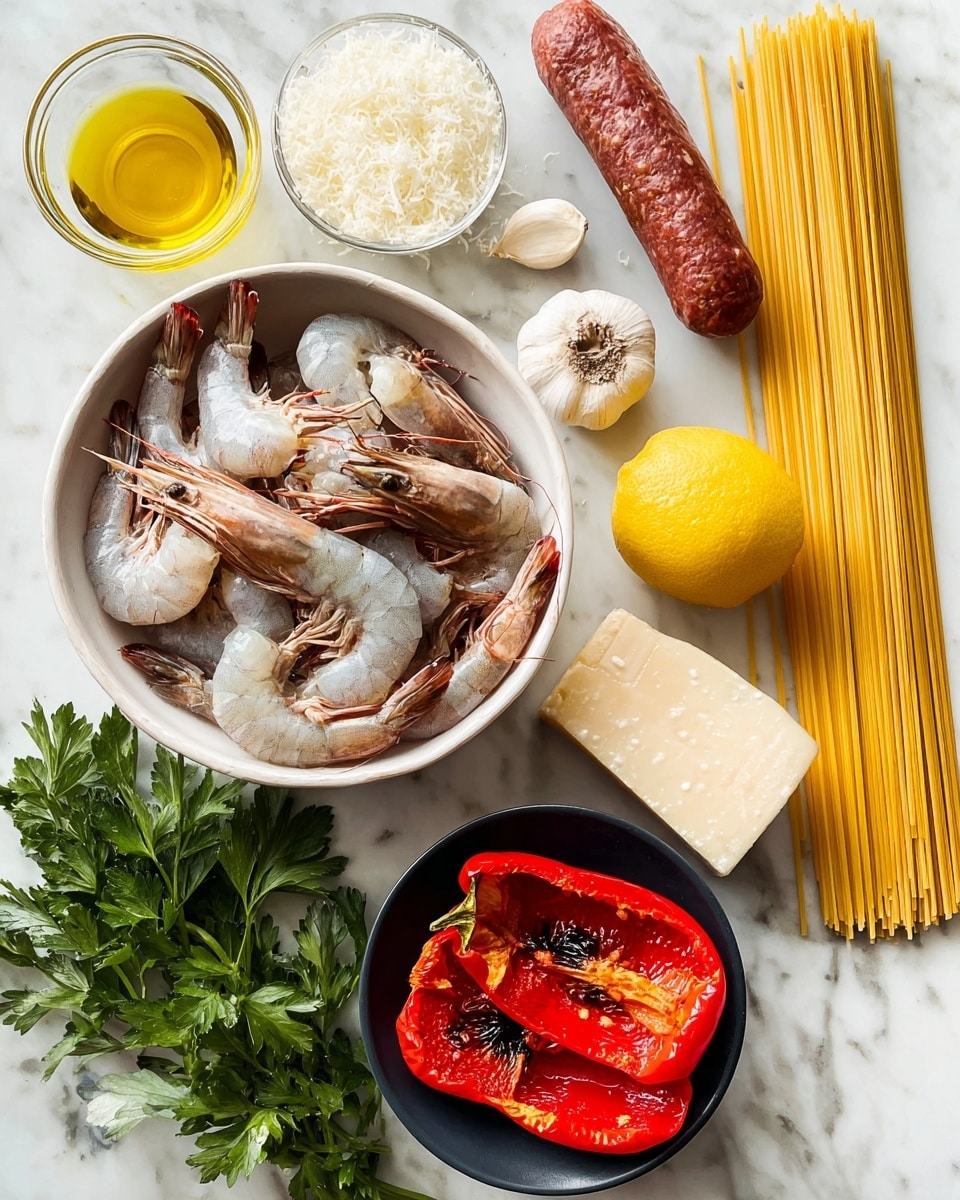 A white bowl filled with raw shrimp showing light grey and pink stripes is placed on a white marbled surface. Next to it, a small glass bowl contains golden olive oil. A dark reddish-brown sausage lies horizontally beside the bowl, while bright green parsley and a bundle of uncooked yellow spaghetti stand vertically close by. A whole yellow lemon is near a black bowl holding two bright red roasted pepper halves with slight char marks. Three garlic cloves, a small white bowl filled with grated white cheese, a block of firm pale yellow cheese, and a metal grater finish the spread. photo taken with an iphone --ar 4:5 --v 7