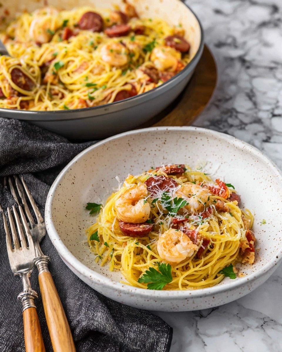 The image shows a plate of pasta with three clear layers: at the bottom is a nest of yellow spaghetti, in the middle are pink shrimp and dark red slices of sausage mixed among the pasta, and on top is a sprinkle of white grated cheese and green parsley leaves as garnish. The food is served in a round white bowl with speckles. Behind the bowl is a large cooking pot filled with the same spaghetti dish, with visible shrimp and sausage pieces. The setting includes a white marbled surface with a dark gray cloth on the left side and a silver spoon and fork with wooden handles placed in front of the bowl. photo taken with an iphone --ar 4:5 --v 7