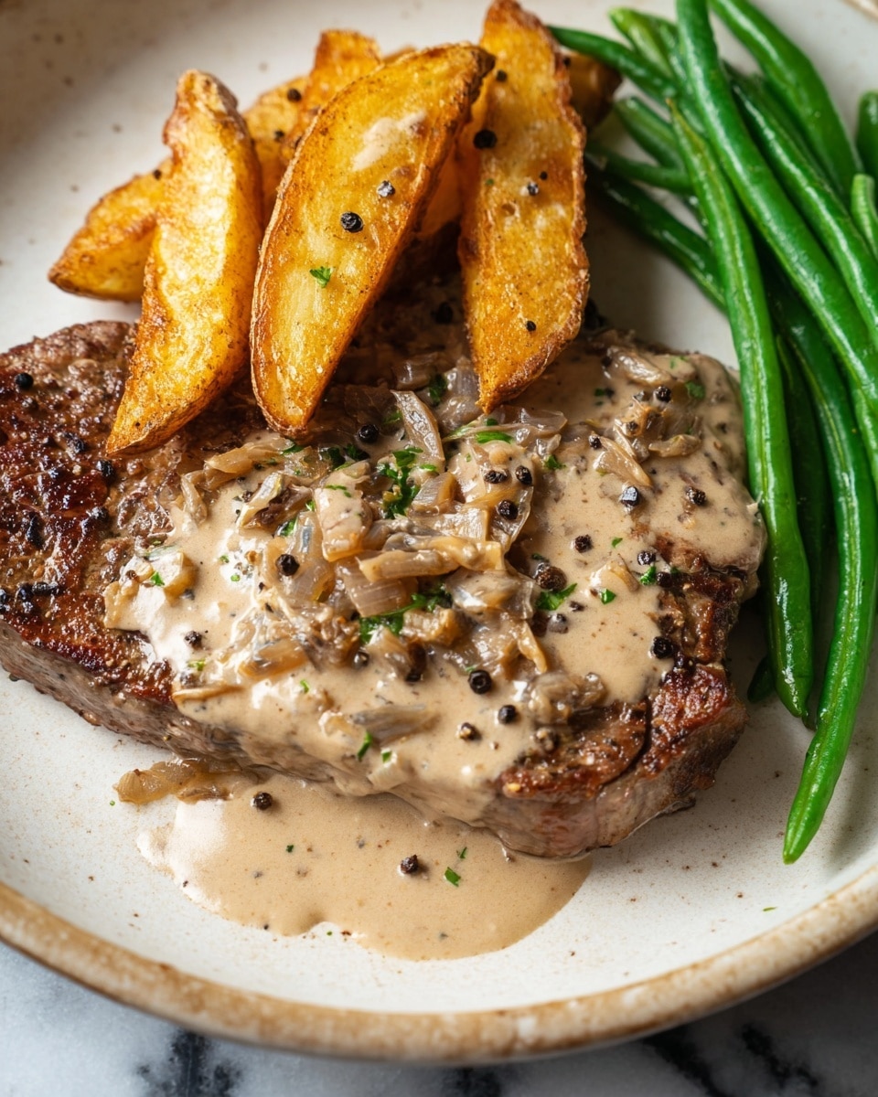 The image shows a cooked steak on a white plate, covered with a creamy sauce that has small pieces of onions and black pepper scattered all over. On the top side of the steak, there are three golden-brown potato wedges with a crispy texture. To the right of the steak, there are a few bright green cooked green beans, glossy from being cooked. The plate sits on a white marbled surface. photo taken with an iphone --ar 4:5 --v 7