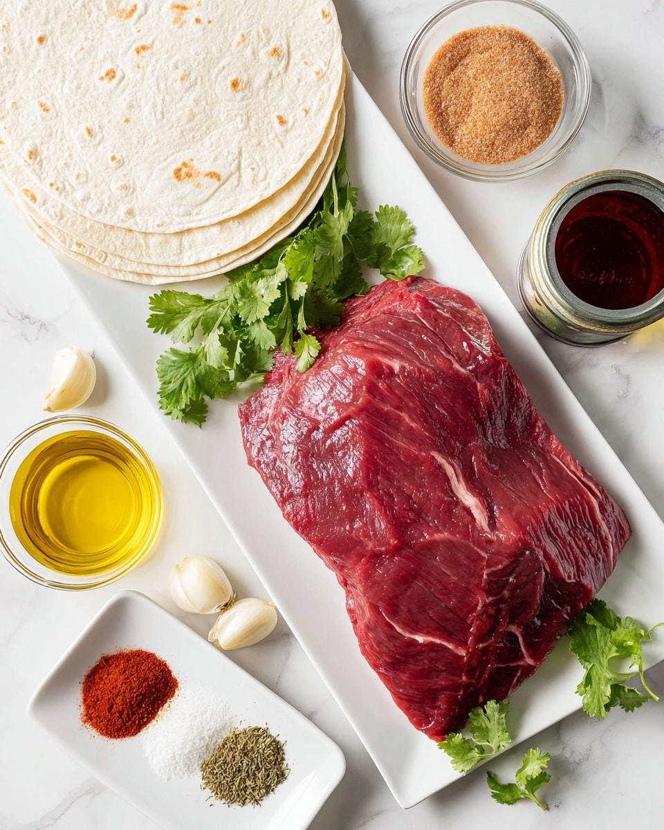 A white rectangular plate holds a large, deep red raw meat piece with visible muscle lines and a bit of white fat on the side, placed slightly at an angle. To the top left, there are several white corn tortillas stacked, with bright green cilantro leaves resting partly on the tortillas and plate. Near the top right, a small clear bowl contains brown sugar next to a metallic can with dark red dried peppers inside. Below the can, a small glass with yellow oil and another glass with reddish liquid are positioned. Two garlic cloves sit near the bottom right. On the left edge, a small white plate holds four types of powdered spices in rich colors: reddish paprika, greenish dried herbs, white salt, and light brown cumin. The entire setting sits on a white marbled surface. Photo taken with an iphone --ar 4:5 --v 7