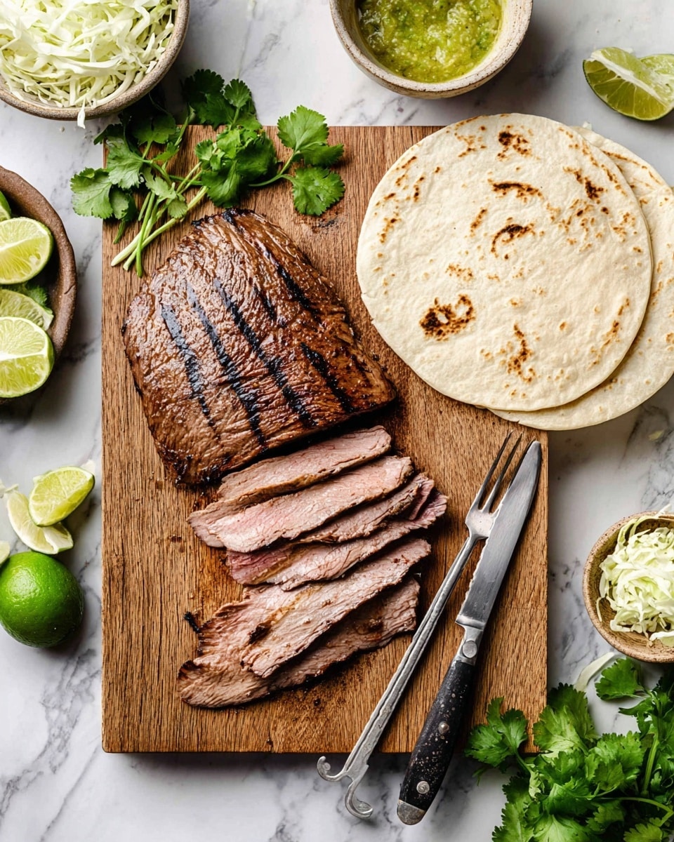 A wooden board on a white marbled surface holds a grilled piece of meat, half sliced into thin pinkish-brown strips showing its juicy texture, with grill marks visible on the whole piece. To the right, three white tortillas with light brown toasted spots are stacked. Around the board, there are fresh green cilantro leaves, a halved lime and lime wedges in a small bowl, with a sharp knife and a two-pronged fork resting on the board. Small bowls contain shredded white cabbage and a bright green sauce. Photo taken with an iphone --ar 4:5 --v 7