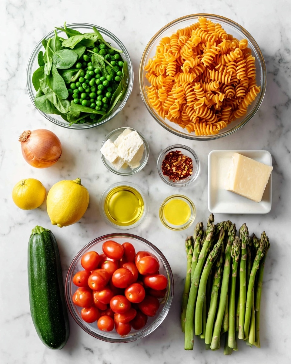 The image shows a white marbled texture surface with different clear glass bowls and plates neatly arranged. There is one large bowl filled with orange spiral pasta, a smaller bowl with fresh green peas, and another bowl with fresh green spinach leaves. A medium bowl contains bright red cherry tomatoes. There are also smaller glass bowls with a small square piece of butter and yellow oil. On the marble surface, a fresh whole onion is placed near a lemon, a bunch of green asparagus stalks, a whole green zucchini, a small dish of red chili flakes, and a white square plate with a wedge of hard cheese. The ingredients are fresh and colorful, arranged in an organized and clean way. Photo taken with an iphone --ar 4:5 --v 7