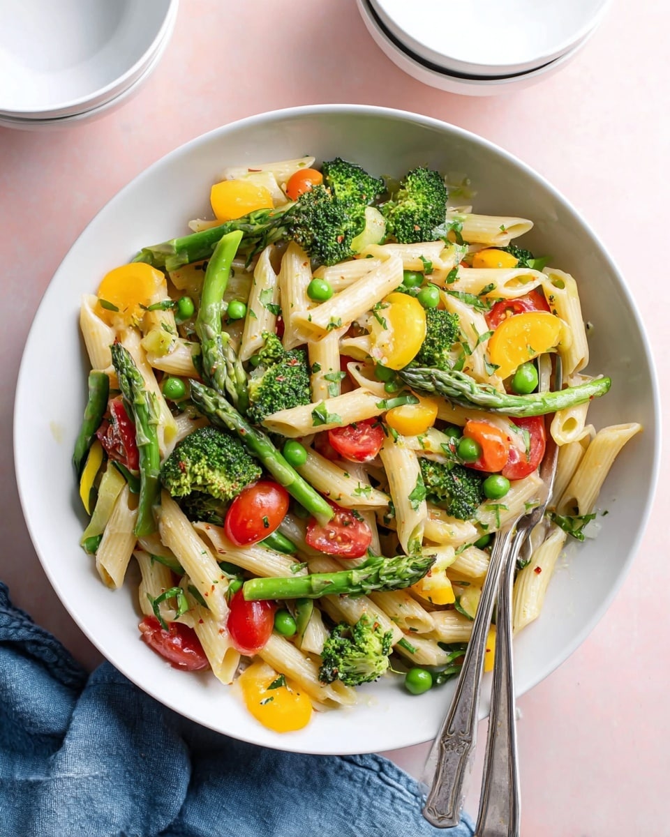 A white bowl filled with cooked penne pasta mixed with bright green broccoli florets, asparagus spears, and peas. There are also yellow squash slices, orange bell pepper pieces, and red cherry tomatoes scattered throughout. The vegetables are fresh and colorful, with a light sprinkling of herbs on top. Two silver forks rest inside the bowl. The bowl is placed on a soft pink surface with a blue cloth napkin nearby and some white bowls in the background. Photo taken with an iphone --ar 4:5 --v 7