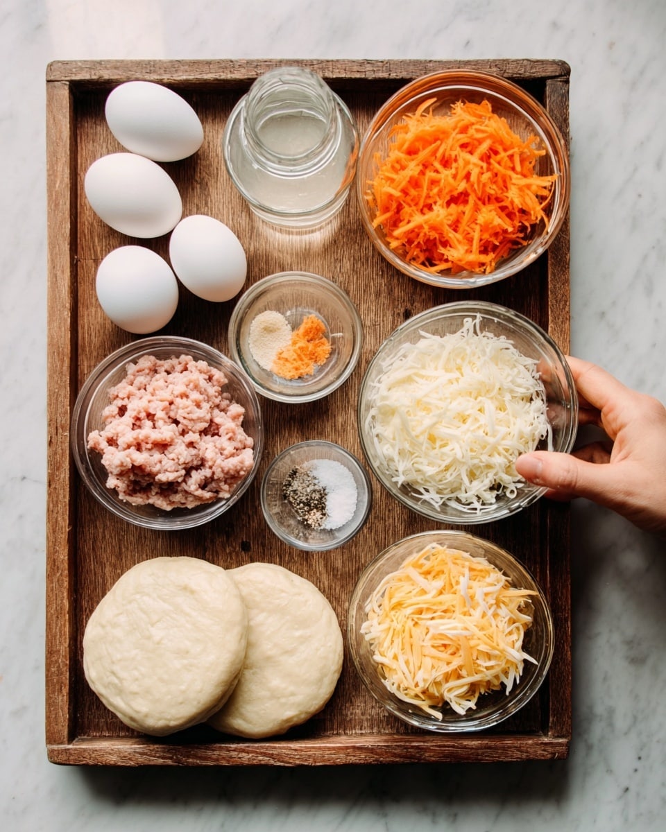 A wooden tray holding multiple ingredients on a white marbled surface, showcasing five white eggs positioned across the top left and right, a small clear jar of a light liquid near the upper left, and a bowl of finely chopped orange carrots at the top right. Below, two round dough pieces are stacked on the bottom left, next to a bowl of light pink ground meat in the center. To the right are two clear bowls, one filled with shredded white cheese and the other with shredded yellow-orange cheese. In the lower center is a small glass bowl containing salt and pepper. A woman's hand is reaching in from the right side, gently touching an egg. Photo taken with an iphone --ar 4:5 --v 7