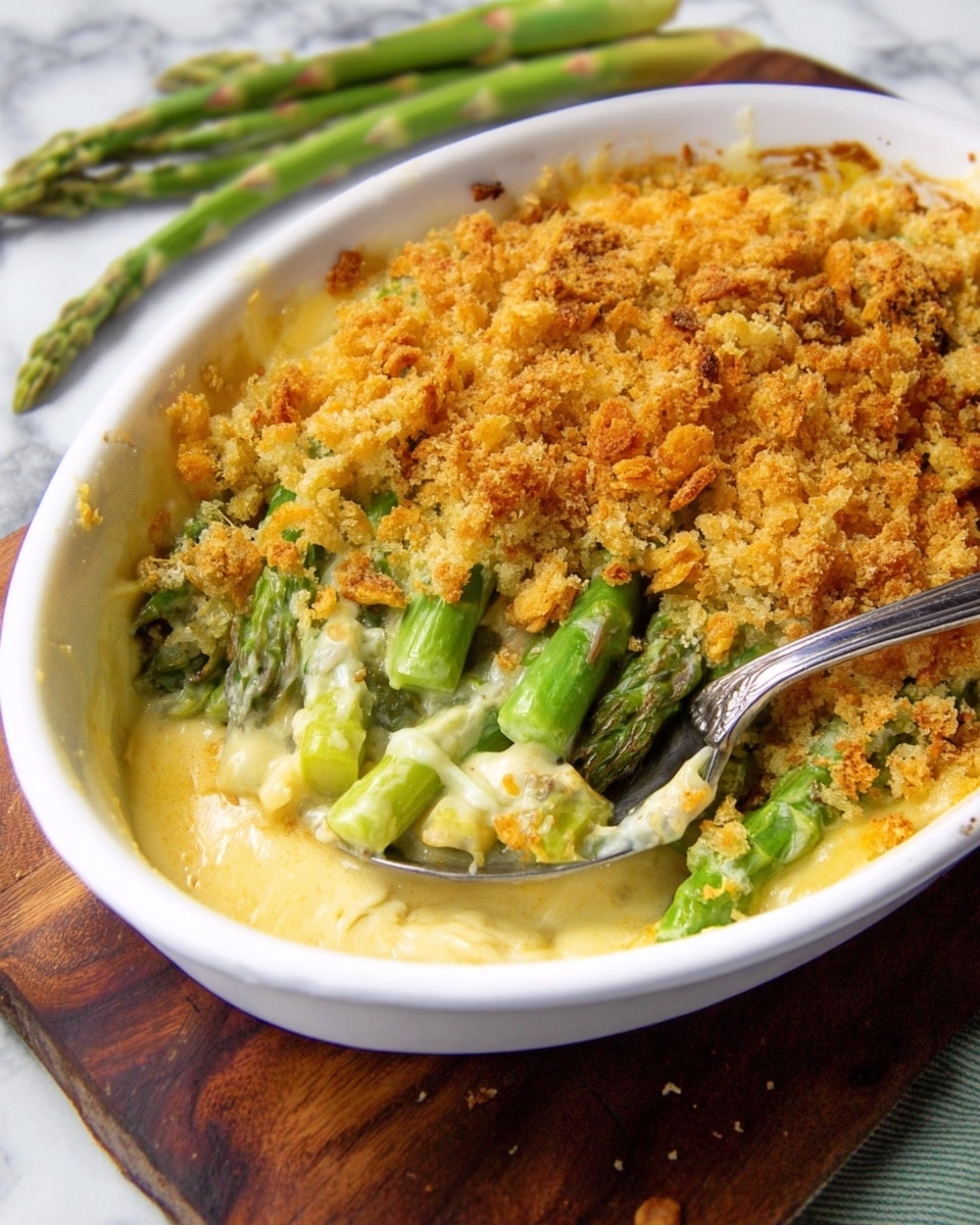 The dish is a baked asparagus casserole in a white oval dish, placed on a dark wooden board with a metal spoon inside. The casserole has two main layers: the bottom layer is bright green asparagus stalks coated in creamy, pale yellow cheese sauce that looks smooth and thick; the top layer is a golden-brown crumbly crust made from baked breadcrumbs or crushed crackers, adding a crunchy texture. Some asparagus tips peek through the crust, and the casserole is partially scooped out, showing the soft sauce and tender asparagus inside. The background is a white marbled surface with green asparagus stalks beside the dish. Photo taken with an iphone --ar 4:5 --v 7