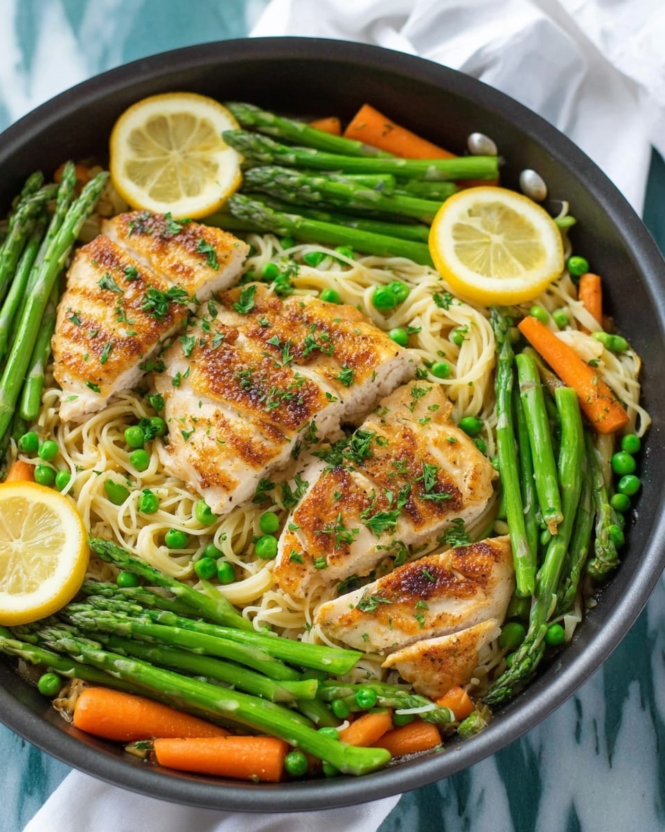 The image shows a black pan filled with layers starting from the bottom with thin, light beige noodles. On top of the noodles, there are three pieces of light golden brown cooked chicken with a slightly crispy texture, garnished with finely chopped green herbs. Around the chicken, there are bright green asparagus spears arranged diagonally and scattered peas. Small, bright orange carrot sticks are placed near the asparagus, and lemon wedges with pale yellow flesh and white rinds are positioned at the edges of the pan. The pan sits on a white marbled surface with a white cloth partially visible in the background. Photo taken with an iphone --ar 4:5 --v 7