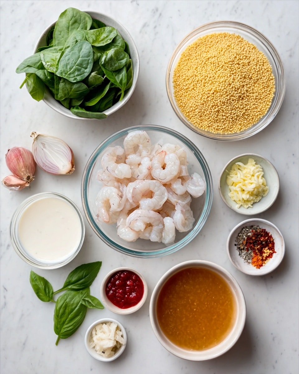 The image shows ingredients placed neatly on a white marbled surface. There is a clear glass bowl in the center filled with raw shrimp, pale pink and translucent. To the left, a bowl of green spinach leaves and a white bowl with thick white yogurt are visible. Small dishes with finely minced garlic, light yellow butter, and thinly sliced shallots are arranged around the shrimp. Golden yellow couscous sits in another clear bowl, and a container of orange-brown broth is on the right side. Small piles of salt, pepper, red chili flakes, and a small red sauce add color contrast, along with a few fresh green basil leaves scattered nearby. The entire scene is bright and organized, with different textures and colors balanced well. photo taken with an iphone --ar 4:5 --v 7
