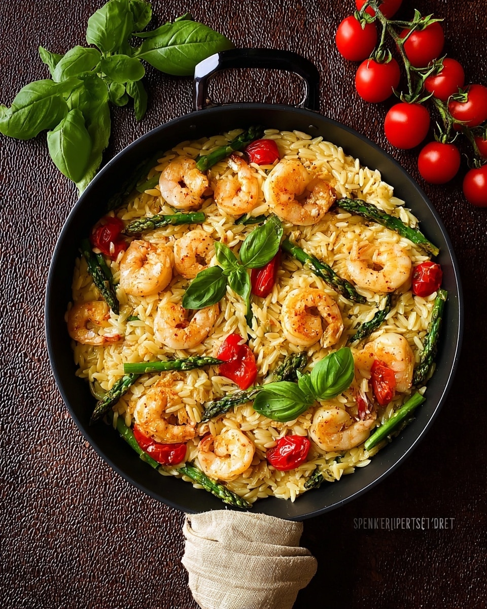 A round black pan filled with a dish containing a base layer of golden orzo pasta, topped with several curled, pinkish-orange shrimp scattered evenly. Bright green asparagus spears are spread across the dish, along with red cherry tomato halves placed throughout. Fresh green basil leaves are placed on top, adding a touch of brightness. The pan handle has a beige cloth wrapped around it, and fresh basil stems and a cluster of red tomatoes on the vine sit nearby on a dark brown textured surface. Photo taken with an iphone --ar 4:5 --v 7