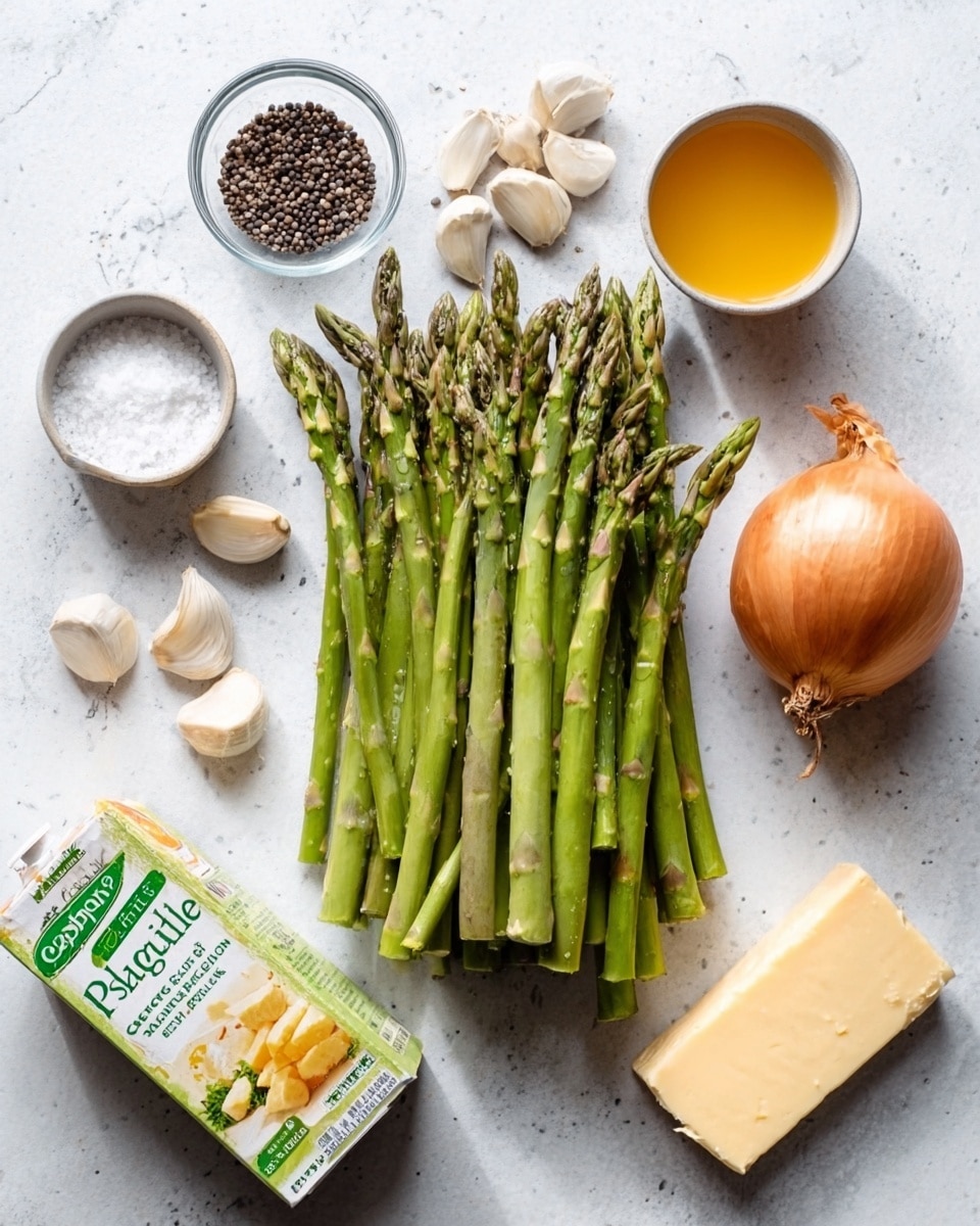 A bunch of fresh green asparagus spears lay in the center on a white marbled surface. To the left of the asparagus, there are two small glass bowls, one with coarse salt and one with black peppercorns. Above the peppercorn bowl, a small pile of whole garlic cloves sits scattered. On the right side, there is a whole light brown onion and a stick of butter wrapped in paper. Below the butter and near the onion is a small carton of onion soup mix, while to the left of that is a carton of Pacific chicken broth, both cartons are standing upright. The image has bright, natural lighting. Photo taken with an iphone --ar 4:5 --v 7