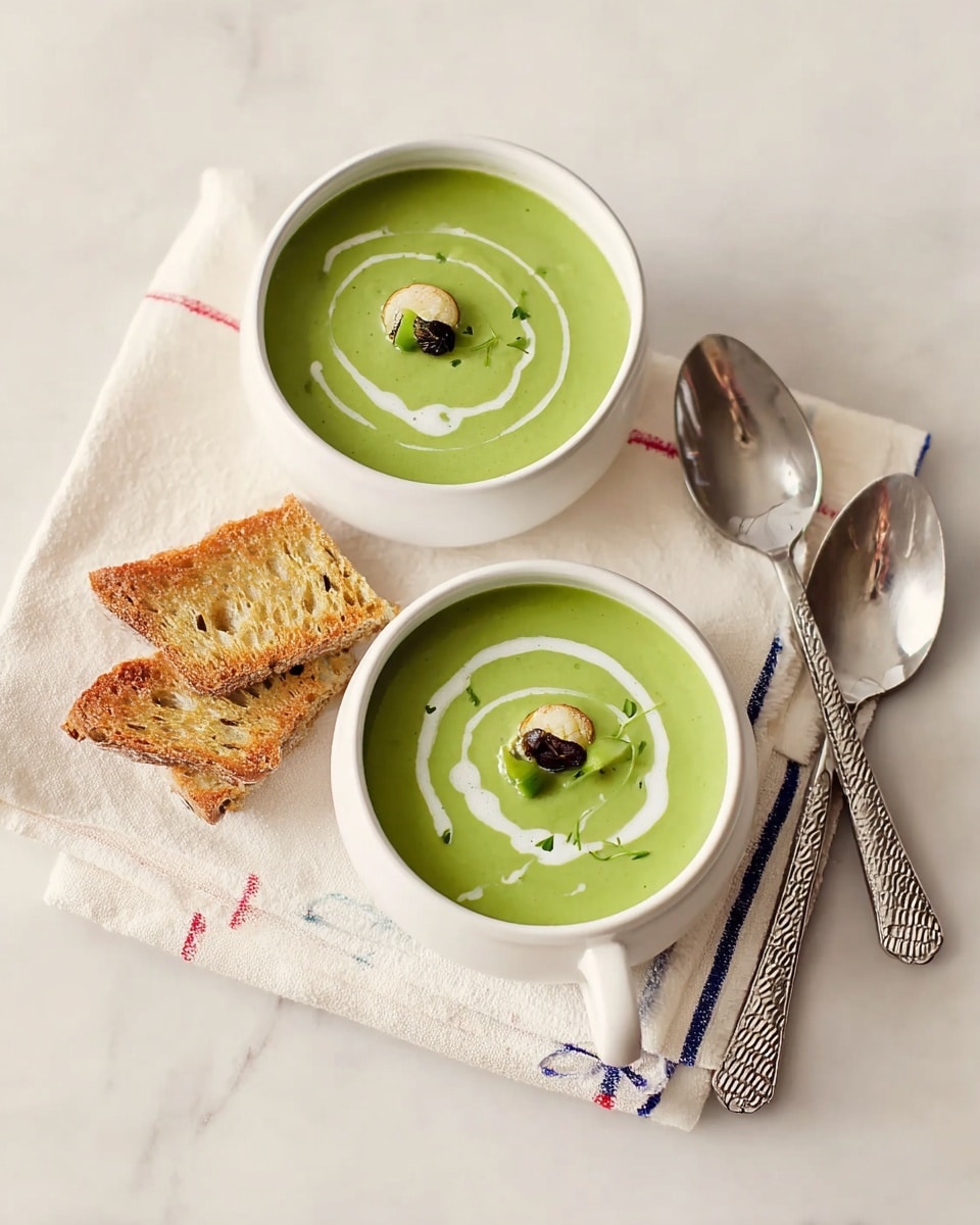 The image shows two white bowls filled with smooth green soup, each topped with a white cream swirl and a small round slice of vegetable and a dark tiny garnish in the center. The bowls rest on a soft, cream-colored cloth with a subtle blue and red stripe detail. Next to the bowls, there are three thin slices of toasted bread stacked slightly unevenly. Two silver spoons with textured handles lie on the cloth near the bowls. The whole setting is on a white marbled surface. photo taken with an iphone --ar 4:5 --v 7