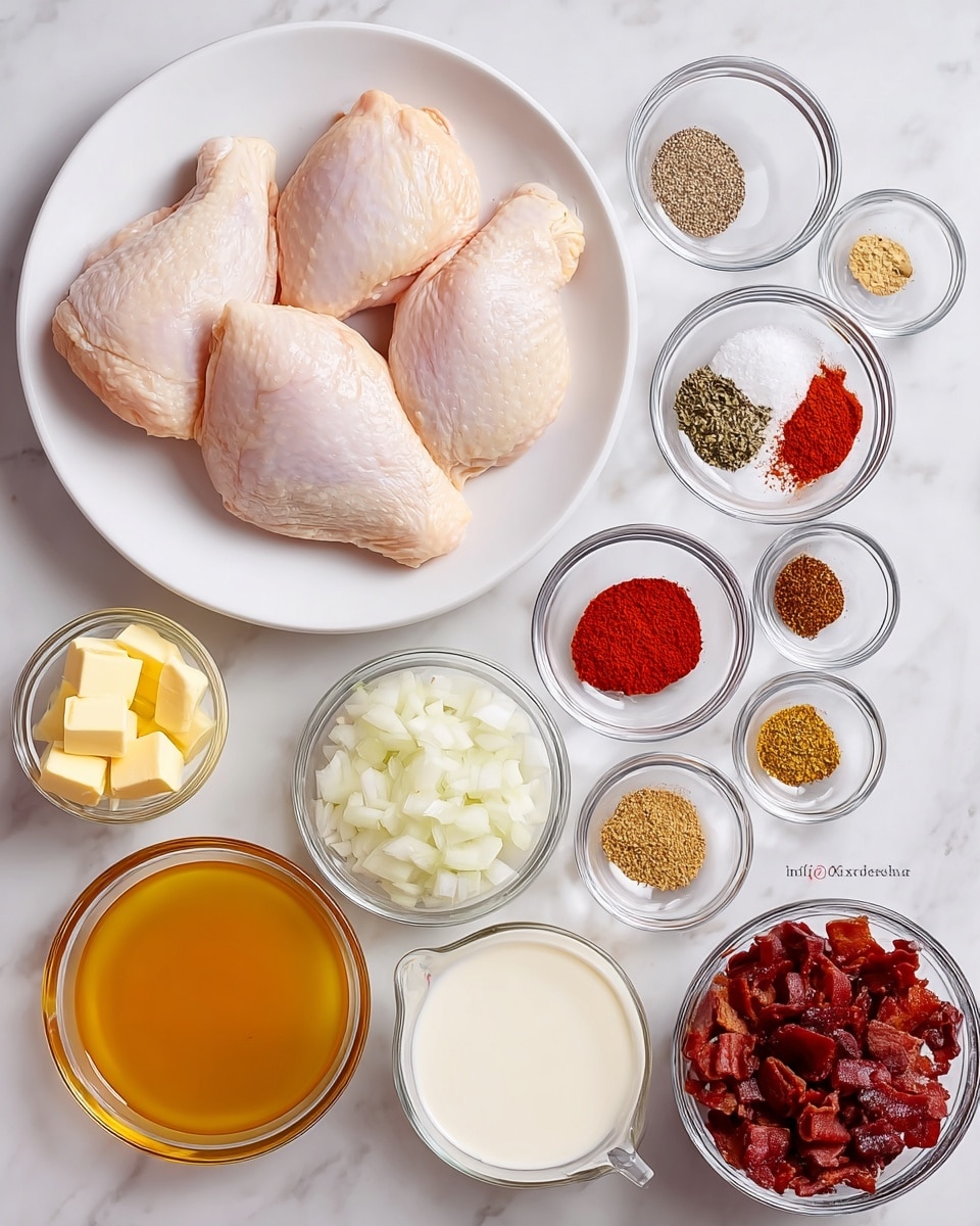 A white plate holds three large, raw chicken pieces with a smooth, pale pink surface placed near the top left. To the right and slightly below are small clear glass bowls arranged in rows, containing various spices and ingredients: white salt and black pepper mix, dried herbs, red paprika, and bright orange spice powders. Near the center, there is a medium clear glass bowl with trimmed white onion slices. Below that are two small bowls with light brown powder and soy sauce. At the bottom left, a small bowl contains golden butter cubes, beside a clear bowl with yellow oil. Near the bottom center are two measuring cups, one filled with orange broth and the other with white cream. Bottom right holds a bowl full of dark reddish cooked bacon pieces. All bowls, plate, and cups sit on a white marbled surface. Photo taken with an iphone --ar 4:5 --v 7