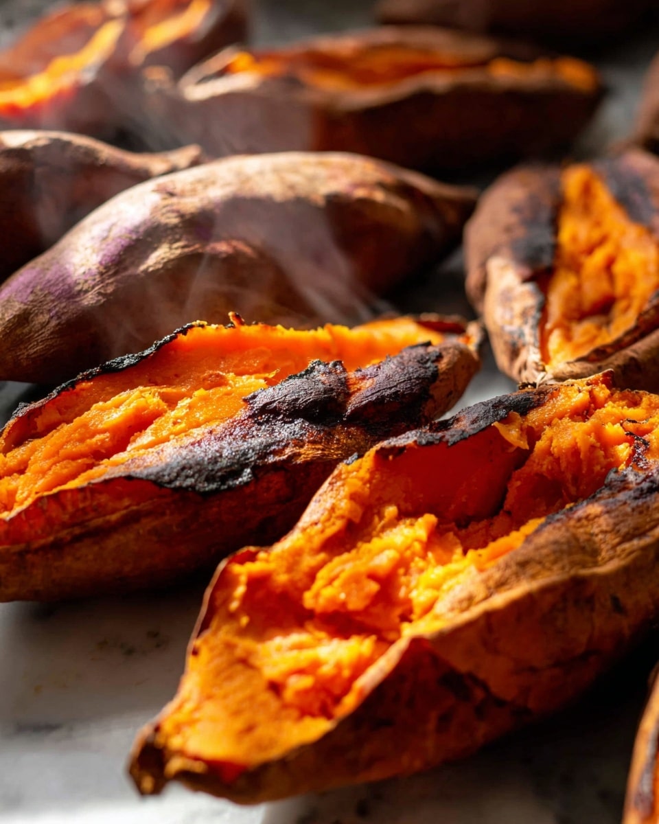 The image shows multiple roasted sweet potatoes that are split open, revealing their soft, bright orange interior. Each sweet potato has a rough, dark brown charred skin with a texture that looks slightly dry and wrinkled, curling away from the tender inside. The sweet potatoes are placed close to each other on a white marbled surface, with steam rising gently, showing they are hot and fresh. The light highlights the vibrant orange flesh, making it look warm and inviting. Photo taken with an iphone --ar 4:5 --v 7
