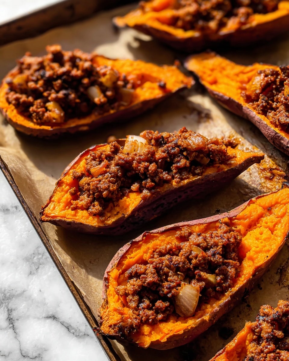 The image shows five halves of roasted sweet potatoes with dark purple skin and bright orange flesh, each filled with a layer of cooked ground meat mixed with small pieces of soft, translucent onions. The sweet potato halves are placed on a sheet of parchment paper on a baking tray. The meat topping has a rich brown color with a slightly crumbly texture, contrasting with the smooth, warm orange inside of the sweet potatoes. The edges of the sweet potato skin are slightly wrinkled and charred from roasting. The background surface is a white marbled texture. photo taken with an iphone --ar 4:5 --v 7