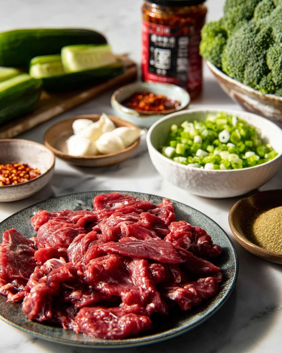 A close-up of several bowls and plates arranged on a white marbled surface, featuring one plate in the front layered with fresh, raw red beef strips with visible meat texture and slight fat marbling. Behind it, a shallow white bowl holds chopped green onions, bright green and finely sliced, placed next to two whole cucumbers. To the left, a small white bowl contains chili flakes, showing a coarse red texture, while to the back are a few garlic cloves on a white plate. A glass jar with red and black labeling stands upright behind the garlic, and small clay bowls with a light brown powder and a golden liquid are scattered around, with a white bowl filled with fresh broccoli florets blurred in the background. Photo taken with an iphone --ar 4:5 --v 7