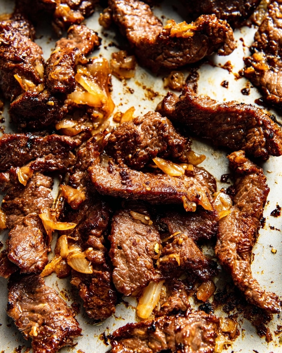 The image shows a close-up of browned, cooked strips of beef scattered unevenly on a white marbled pan surface. The beef pieces have a rough texture with a rich dark brown color and a caramelized, slightly shiny finish. Mixed among the beef are small bits of golden-brown cooked onions that add a lighter, translucent contrast. The pan surface has patches of dark, burnt bits and oily spots, giving a rustic and well-used appearance. The lighting highlights the glistening meat and onions, making the dish look savory and freshly cooked. Photo taken with an iphone --ar 4:5 --v 7