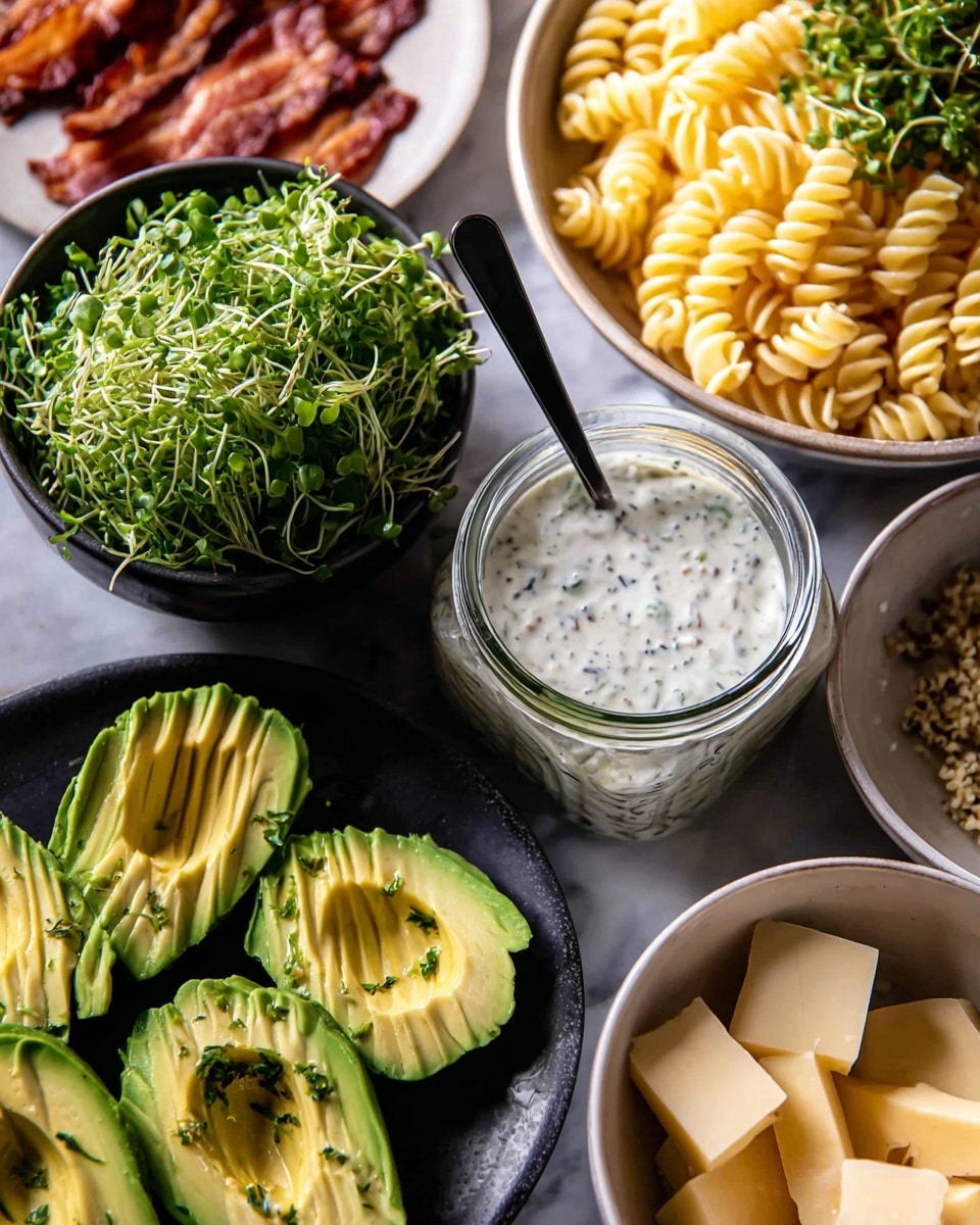 The image shows several bowls and a plate with fresh ingredients on a white marbled surface. Starting from the bottom, there is a plate with four avocado halves that are light green with smooth texture and small bits of herb pieces on them. To the left, there's a small black bowl filled with fresh green microgreens that look soft and leafy. In the center, there is a glass jar filled with white creamy sauce speckled with black herb bits, with a black spoon inside it. On the right, there is a white bowl full of yellow, curly pasta. Near the top right, another white bowl holds small cubes of pale yellow cheese with a smooth texture. In the upper left corner, some strips of crispy brown bacon are partly visible on a white plate. Photo taken with an iphone --ar 4:5 --v 7