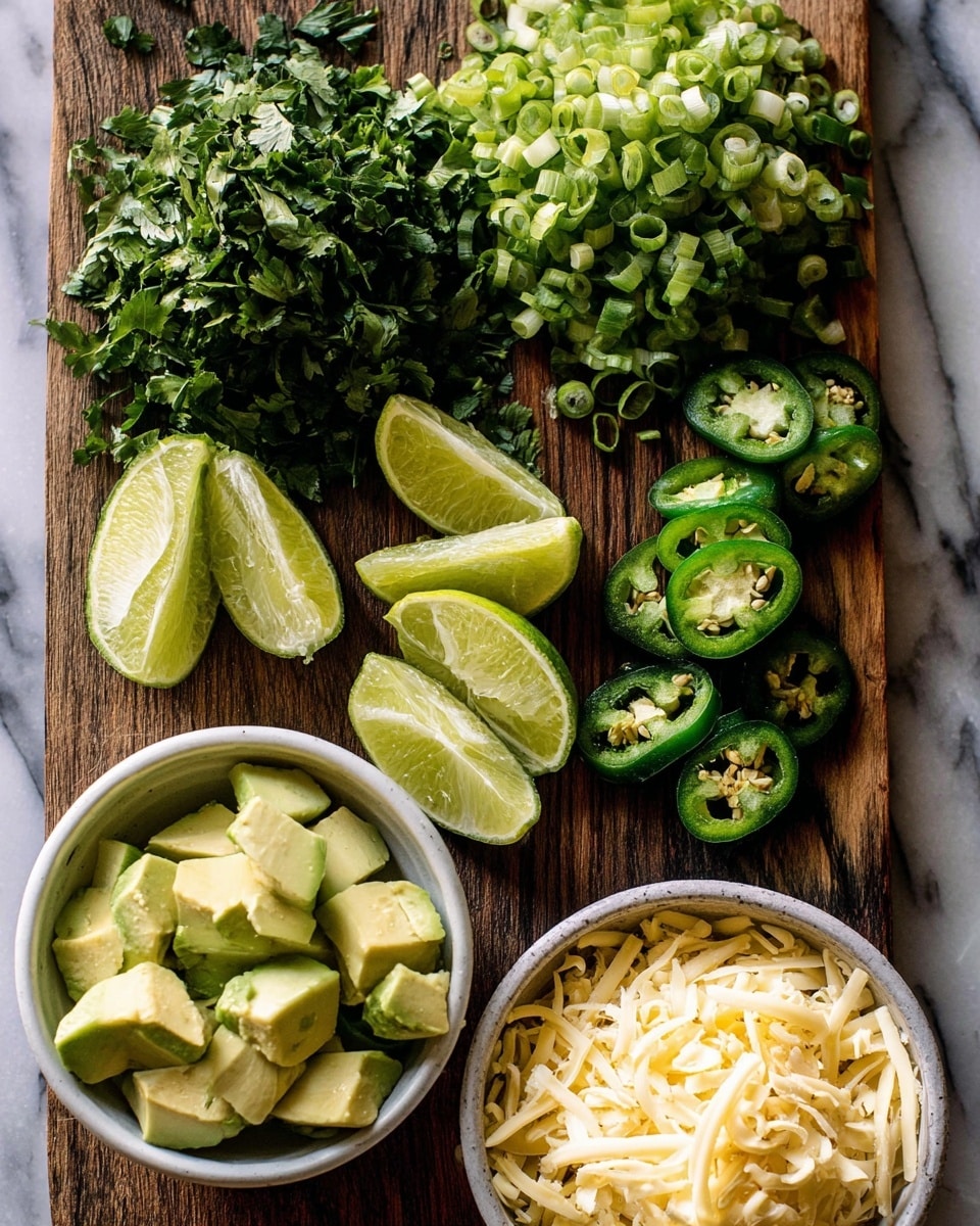 The image shows a wooden board with several fresh ingredients arranged neatly. On the top left is a pile of chopped green herbs, likely cilantro, with a mix of larger and smaller leaves. Below is a heap of small, round slices of green onions. To the right of the herbs and onions are sliced green jalapeños with visible seeds. In the center are six lime wedges arranged in a line, their bright green skin contrasting with the juicy pale green inside. At the bottom left in a white bowl are chunks of light green avocado, showing smooth, creamy textures. On the bottom right in another white bowl is a pile of shredded light yellow cheese with a soft texture. The whole setup sits on a rustic wooden board with a white marbled surface around it. Photo taken with an iphone --ar 4:5 --v 7
