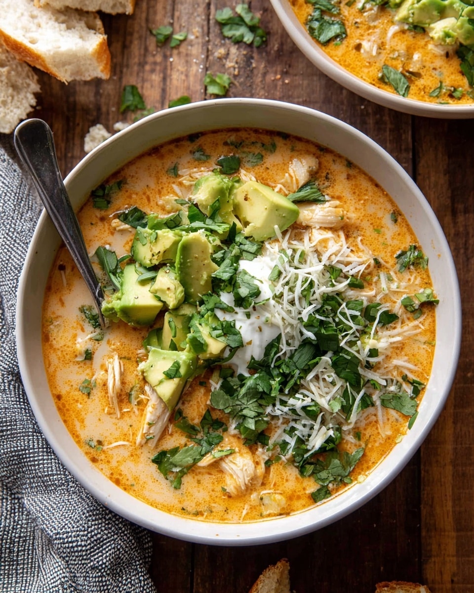 A white bowl filled with creamy orange soup, with visible pieces of chicken and beans floating in it. On top, there are chunks of green avocado, chopped green onions, shredded white cheese, a dollop of white sour cream, and a generous amount of fresh chopped green cilantro spread over the surface. A spoon rests inside the bowl on the left side. The bowl is placed on a wooden surface with some bread pieces and crumbs nearby, and a gray and white striped cloth is seen at the bottom left corner. Photo taken with an iphone --ar 4:5 --v 7