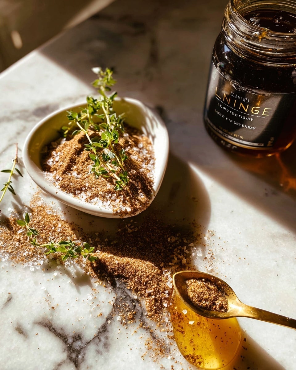 A small white dish contains a mix of brown spices and coarse salt sprinkled on top, with a few sprigs of fresh green herbs resting on the spice mix. Next to the dish, some of the spices and salt are scattered directly on a white marbled surface, also with a small sprig of green herbs. A golden spoon pours amber honey onto the marble surface near a jar of dark glass honey labeled in white text. The lighting casts warm shadows across the scene. Photo taken with an iphone --ar 4:5 --v 7