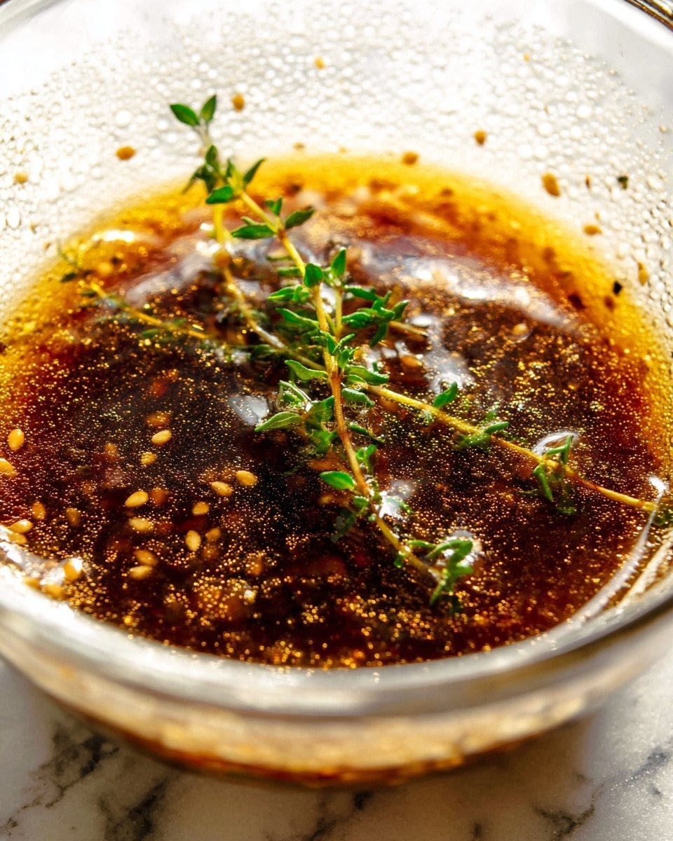 A close-up of a clear glass bowl filled with a dark brown, bubbly liquid dressing or sauce with visible mustard seeds scattered throughout. On top floats a small sprig of fresh green thyme, adding a touch of color. The bowl sits on a white marbled surface, and the lighting highlights the texture and slight sheen of the liquid. The overall look is rustic and fresh. photo taken with an iphone --ar 4:5 --v 7