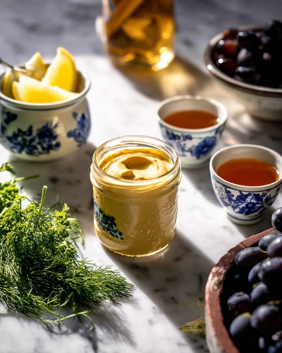 An open glass jar of creamy yellow mustard sits in the center on a white marbled surface, with smooth streaks of mustard inside the jar. To its left, fresh green dill lies spread out, next to a small white cup with blue floral patterns filled with lemon wedges. Behind the mustard jar, there is a blurred glass bottle mostly in shadow. To the right of the jar are two more small white cups with blue designs, one filled with an amber liquid and the other with a golden liquid. On the far right, part of a white bowl with a brown rim holds tightly packed dark purple grapes. The lighting casts soft shadows across the scene. photo taken with an iphone --ar 4:5 --v 7