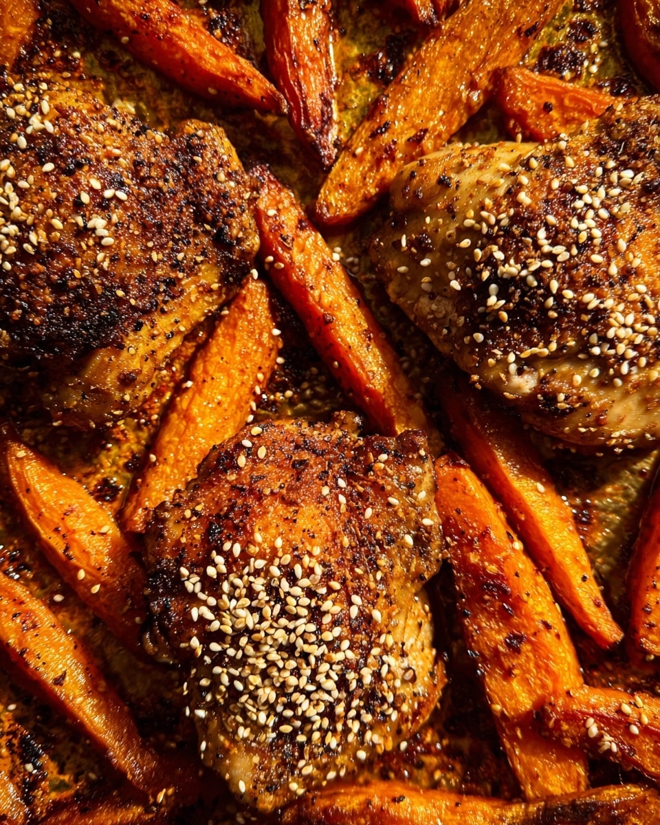 The image shows a close-up of three pieces of cooked chicken thighs covered with small white sesame seeds, giving a textured look. The chicken is golden brown with some darker browned spots indicating it is roasted or grilled. Surrounding the chicken pieces are thick carrot sticks that are roasted with slightly charred edges. The food sits on a surface with a warm, oily, and textured look, showing a mix of orange and brown tones from the cooking juices. The overall color palette includes warm oranges, browns, and golden hues, with a juicy and crispy texture visible on the chicken and carrots. photo taken with an iphone --ar 4:5 --v 7