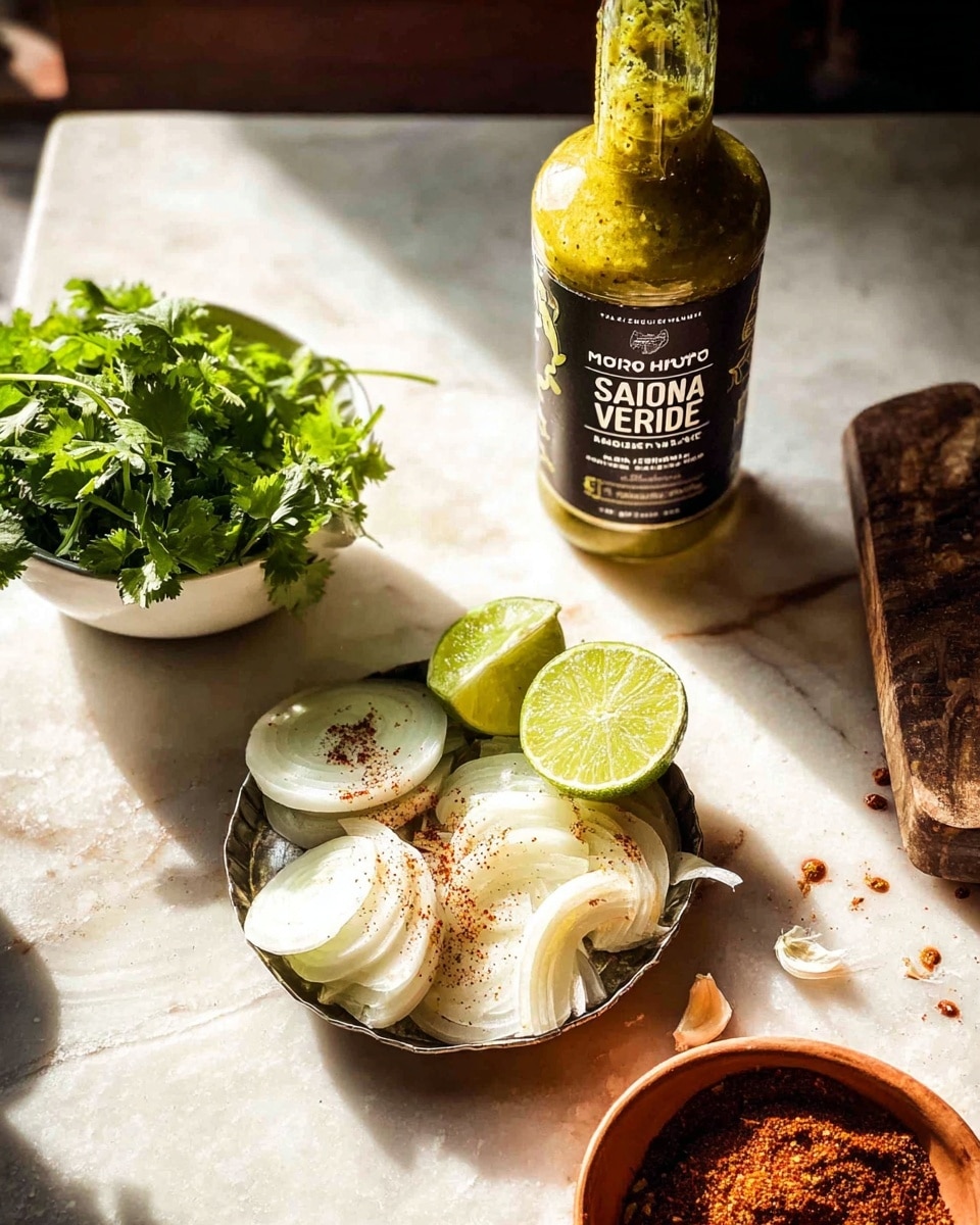 The image shows a rustic setup on a white marbled surface with a small metal dish holding white onion slices arranged in a loose pile, topped with a few lime wedges placed in front of the onions, some lime wedges sprinkled with chili powder. Behind the dish is a clear bottle filled with a green salsa verde sauce, labeled