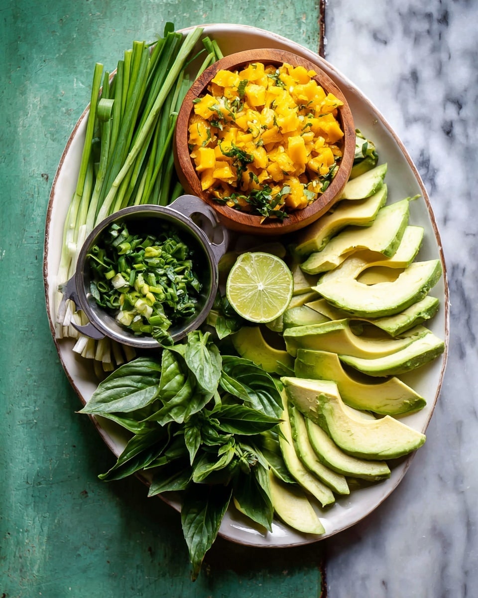 The image shows a white oval plate on a white marbled surface, holding several food items organized in layers. On the right side, there are thinly sliced avocado pieces arranged in a neat fan shape with light green and pale yellow colors. Towards the center-left, a wooden bowl contains finely chopped bright yellow mango mixed with green herbs. Resting on the mango is a silver cup filled with long, thin green scallions that are light and dark green. Near the bottom of the plate is another silver cup holding fresh, dark green basil leaves. Between the wooden bowl and basil, there's a squeezed lime half with a juicy, fibrous interior and a green rind. The overall look is fresh and vibrant with a mix of green and yellow tones. photo taken with an iphone --ar 4:5 --v 7