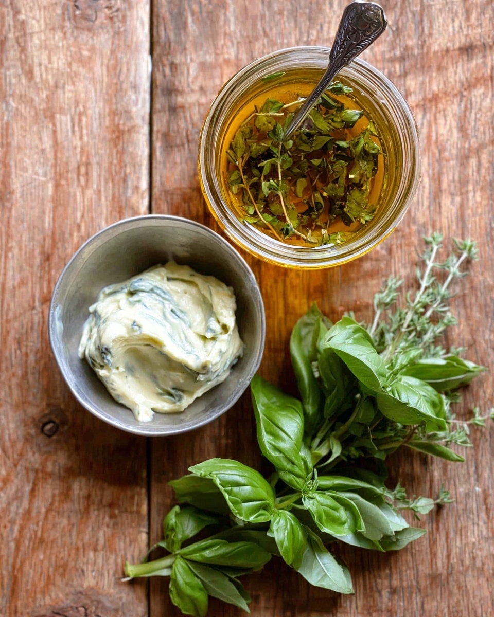 The image shows a top view of three main items on a wooden surface: a glass jar with golden yellow liquid and fresh green herb leaves inside, accompanied by a silver spoon resting in the jar; next to it, a small silver cup filled with creamy white soft spread mixed with green herb bits, smoothly swirled inside; below both items, a small bunch of fresh basil leaves with smooth, bright green texture and natural folds spread out. Photo taken with an iphone --ar 4:5 --v 7