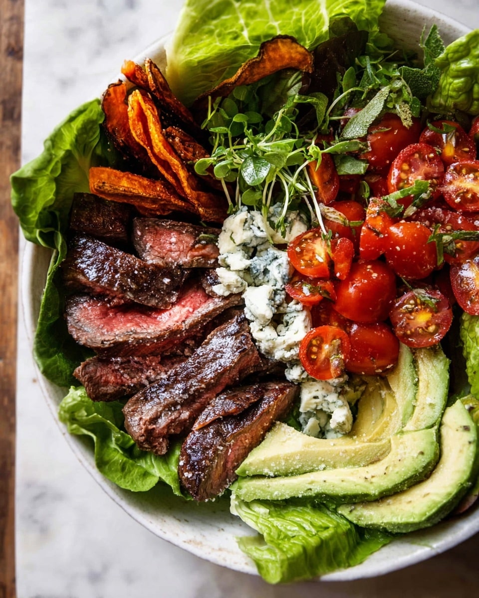 A white bowl on a white marbled surface holds a salad with several parts layered closely. At the bottom are large, bright green lettuce leaves, covering most of the bowl. On top of the leaves towards the center-left, there are several slices of grilled meat, showing a pink inside and dark brown outside with a sprinkle of coarse salt. Around the meat, there are chunks of blue cheese with white and blue veins. To the right of the meat, a pile of halved bright red cherry tomatoes is decorated with small green herb leaves. Below the tomatoes, on the bottom right of the bowl, there are slices of green avocado with some herbs and cheese bits on them. At the bottom left of the bowl, crispy dark orange strips, likely sweet potato fries, add texture. Some fresh herb sprigs are placed on top for garnish. Photo taken with an iphone --ar 4:5 --v 7