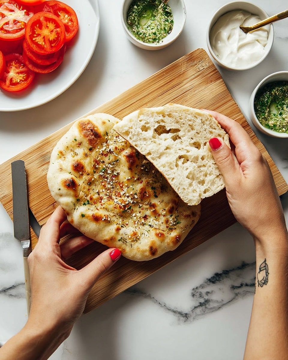 A close-up image shows a woman's hands pulling apart two pieces of flatbread on a wooden cutting board. The top piece of flatbread, which is golden with toasted spots and sprinkled with herbs and spices, is being lifted to reveal the soft, light beige, porous inside of the bread below. On the white marbled surface around the board, there is a stack of sliced red tomatoes on a white plate and small white bowls holding green herb sauce and white cream, with a gold spoon in the cream. A silver knife lies next to the board. The woman's nails are painted bright red, and her right arm has a small black tattoo. Photo taken with an iphone --ar 4:5 --v 7
