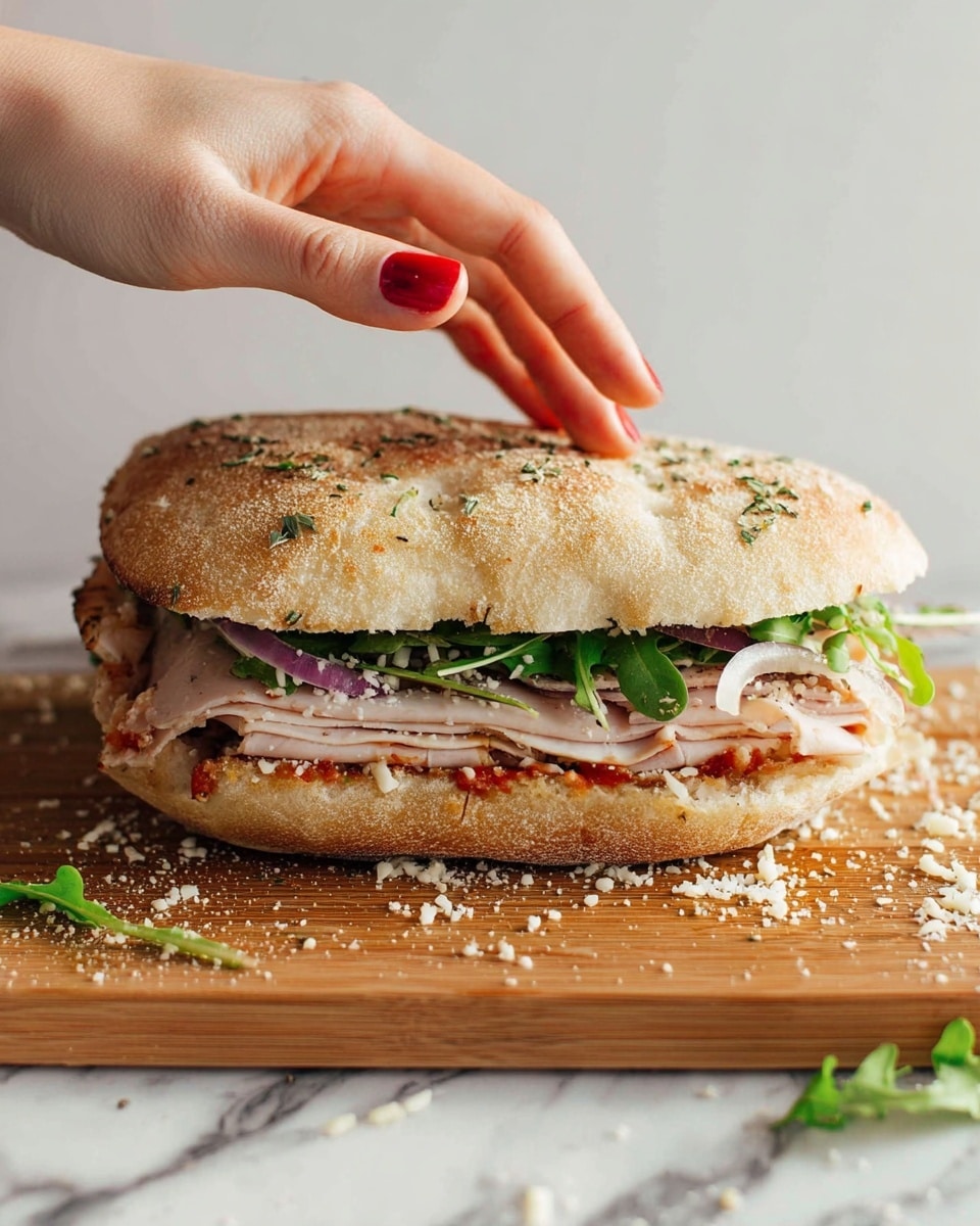 A sandwich with two thick, soft pieces of bread on top and bottom; the top bread is light brown with small holes, herbs, and some grated cheese with red bits. Inside, there are thin light beige slices of meat layered over fresh green leafy sprouts and thin rings of pale red onion. A woman's hand with red nail polish is gently pressing the top bread. The sandwich sits on a wooden board with some scattered crumbs and small pieces of greens. The background is a white marbled surface. photo taken with an iphone --ar 4:5 --v 7