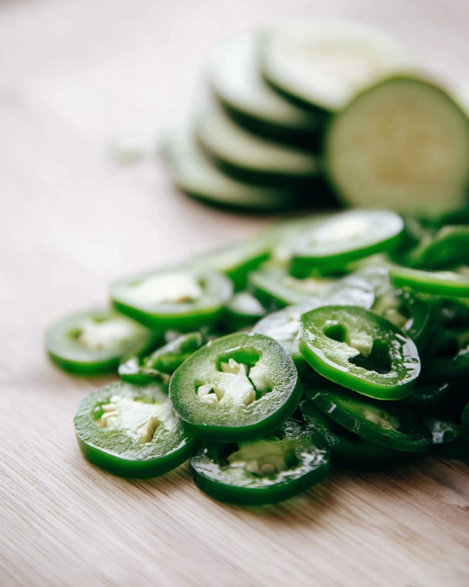 The image shows thin green slices of jalapeño peppers spread on a light wooden surface. Behind the jalapeño slices, there are thin white and dark green slices of zucchini or cucumber stacked neatly. The background is softly blurred to focus on the fresh, shiny jalapeño slices in the foreground. The light wooden surface is simple and clean. photo taken with an iphone --ar 4:5 --v 7