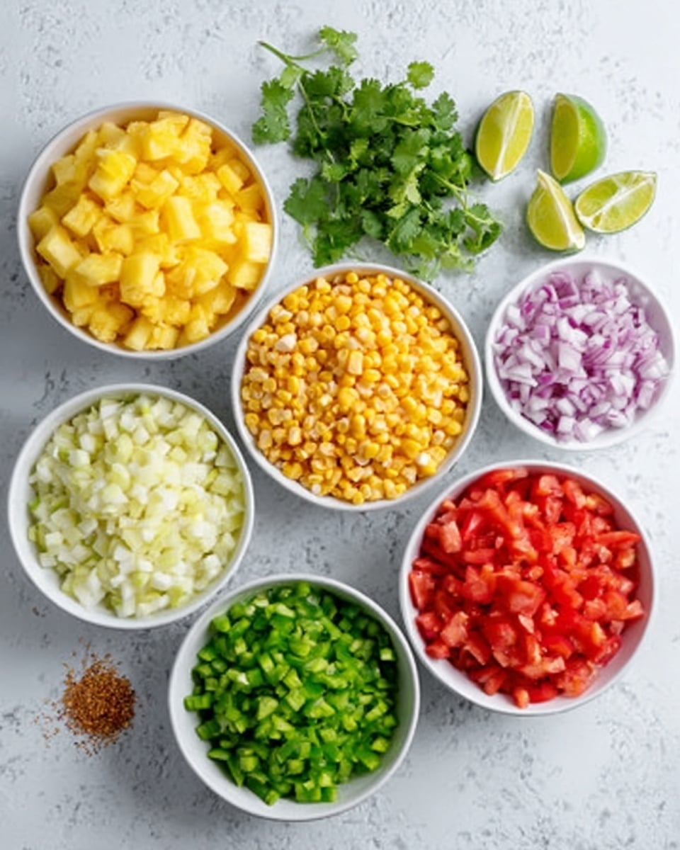 The image shows six white bowls arranged on a white marbled surface. Each bowl contains a different chopped ingredient: the top bowl has bright yellow diced pineapple, the middle left bowl holds light yellow corn kernels, the middle right bowl contains finely chopped red onions, the bottom left bowl has chopped green bell peppers, and the bottom right bowl holds finely diced red tomatoes. Beside the bowls, there are two lime halves, a small bunch of fresh cilantro with green leaves, and a tiny heap of ground spice. The scene is bright and colorful, with fresh, finely chopped vegetables and fruits. Photo taken with an iphone --ar 4:5 --v 7