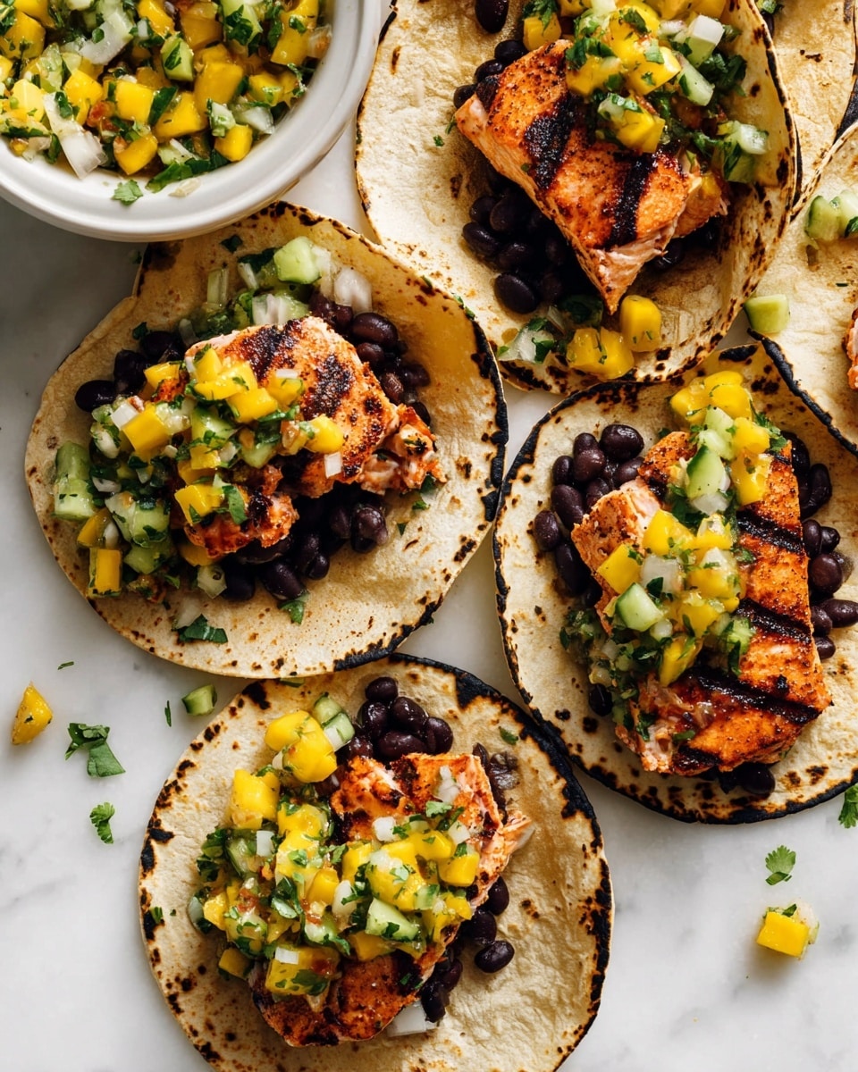 The image shows several grilled fish tacos arranged on a white marbled surface. Each taco has three clear layers: a light golden toasted corn tortilla with some char marks, a layer of small black beans forming a dark base, and on top, thick chunks of orange grilled fish with grill lines. The fish is covered with a bright, colorful salsa made of yellow mango cubes, pale corn kernels, small green cucumber pieces, and fresh chopped green herbs, adding a fresh texture to the tacos. To the left, a white bowl filled with extra salsa is visible, and some salsa pieces are scattered around the tacos. photo taken with an iphone --ar 4:5 --v 7