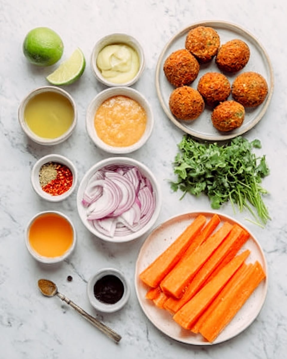 The image shows several white bowls and plates arranged on a white marbled surface. On the right, a white plate holds several long slices of bright orange carrots. Next to it is a small pile of fresh green herbs. In the middle, a small white bowl contains sliced red onions. On the left, a larger white plate has six round, golden brown fried balls. Above these main ingredients, seven small white bowls hold different sauces and spices in various colors: a whole lime, a pale yellow creamy sauce, red chili flakes, a light orange liquid, a clear yellow liquid, a darker thick sauce, and a light brown liquid. There is also a small spoon among the bowls. The photo was taken with an iphone --ar 4:5 --v 7