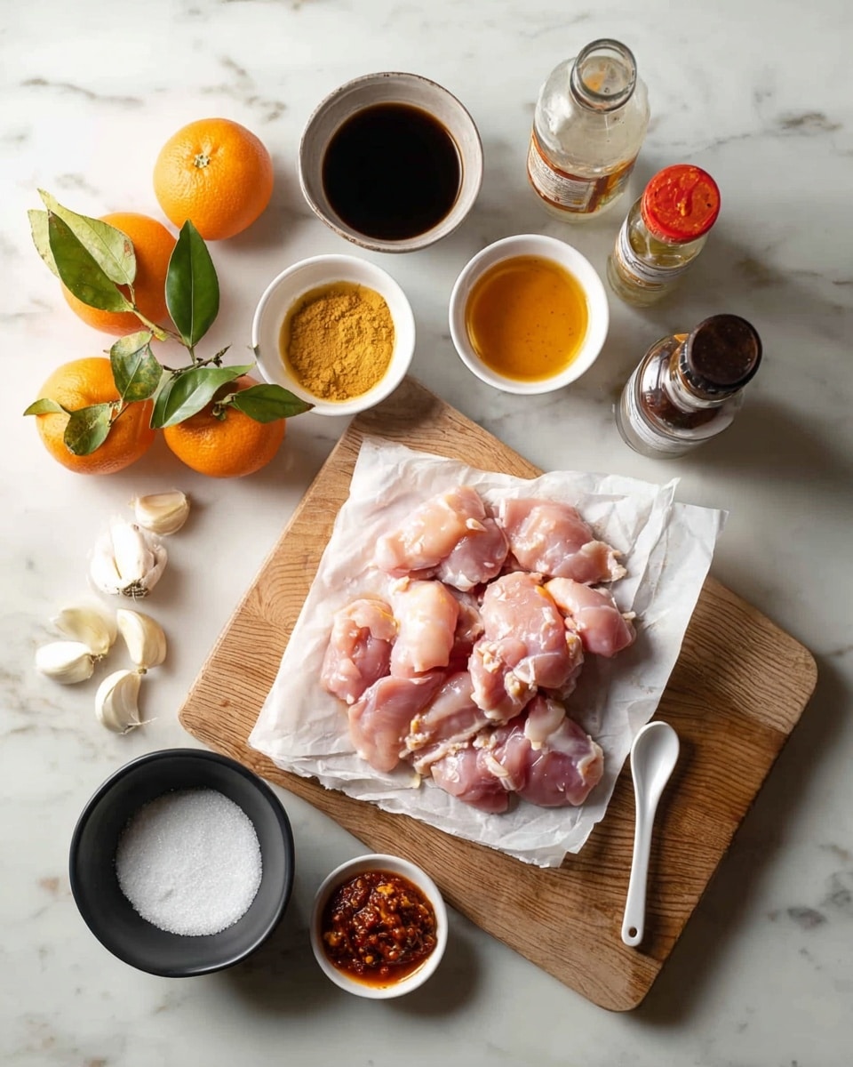 A wooden cutting board sits on a white marbled surface with raw pink chicken pieces placed on white parchment paper in the center. Around the board are several small white bowls filled with different ingredients: a dark brown liquid, a light yellow powder, a golden orange sauce, and a red chili paste with a white spoon. Two whole orange mandarins with green leaves lie to the left of the board, and several garlic cloves are scattered near the bottom. A black bowl with white powder, a bottle of sauce, and another bottle with a clear liquid are placed on the white marbled surface near the top of the board. Photo taken with an iphone --ar 4:5 --v 7