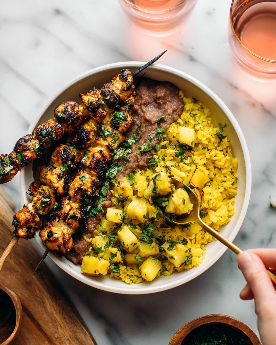 A white bowl filled with three layers: two grilled chicken skewers with green herbs on the left side showing a slightly charred texture, a brown smooth bean spread forming the base on the back left, bright yellow rice taking up the right side with fluffy texture, and chopped yellow pineapple mixed with green herbs placed on top of the rice near the center. A woman's hand holding a gold spoon is about to scoop some pineapple. The bowl is placed on a white marbled surface with a glass of pink drink and wooden containers nearby. Photo taken with an iphone --ar 4:5 --v 7