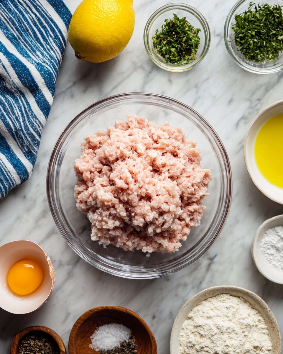 The image shows a clear glass bowl in the center filled with pale pink ground chicken. Surrounding this bowl on a white marbled surface are small containers with different ingredients: a half lemon at the top left, three small glass cups with green chopped herbs on the top right, a glass cup with yellow olive oil beneath the herbs, and two white bowls with white powders on the bottom right and center. On the bottom left there is a white bowl with a cracked raw egg, and small brown wooden bowls with coarse salt and black pepper above it. Near the bottom left corner, a blue and white striped cloth is slightly visible. Photo taken with an iphone --ar 4:5 --v 7