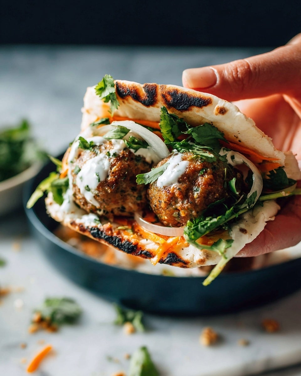 A white flatbread sandwich held by a woman's hand shows two brown, round meatballs with herbs inside, topped with white creamy sauce. Under the meatballs, there are thin slices of pale orange carrot, green leafy herbs, and thin white onion rings. The flatbread is slightly toasted with brown char marks on top. The background is a white marbled surface with a dark blue bowl below, scattered with small bits of greens and crumbs. Photo taken with an iphone --ar 4:5 --v 7